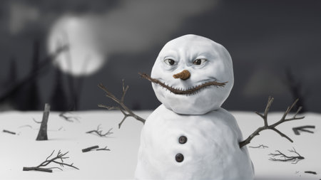 A snowman with a mustache and branches on his head, AIの素材