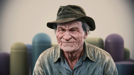 A close up of a man in hat and jacket with many pills around him, AIの素材