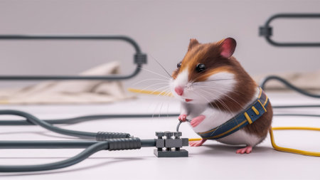 A small brown and white hamster with a harness on is sitting next to wires, AIの素材