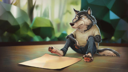A wolf sitting on the floor with a piece of paper in front, AIの素材
