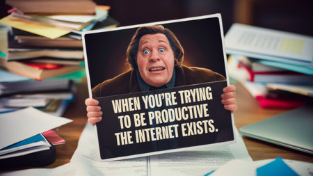A man holding a sign that says youre trying to be productive, AIの素材