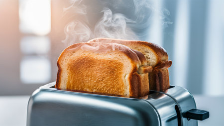 A toasted bread in a metal toaster with steam coming out, AIの素材
