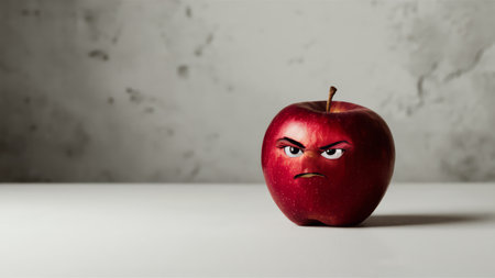 A red apple with an angry face on a white table, AIの素材