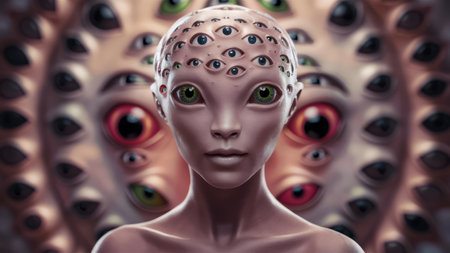 A woman with a face made of eyes and hair, AIの素材