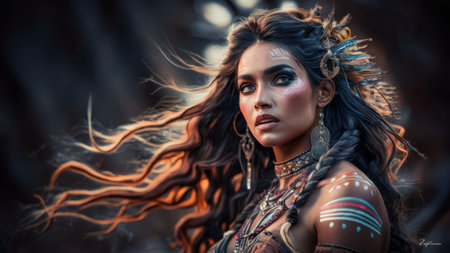 A woman with painted face and feathers on her head, AIの素材