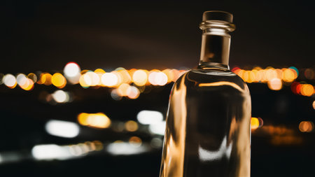 A bottle of alcohol on a table with blurred lights in the background, AIの素材