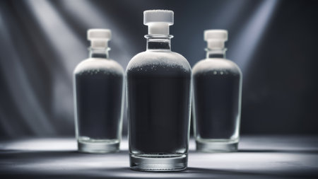 Three clear glass bottles with white caps on them sitting in a row, AIの素材