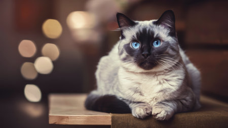 A cat with blue eyes sitting on a table, AIの素材