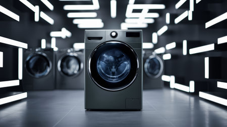 A laundry room with a washing machine and dryer in the center, AIの素材