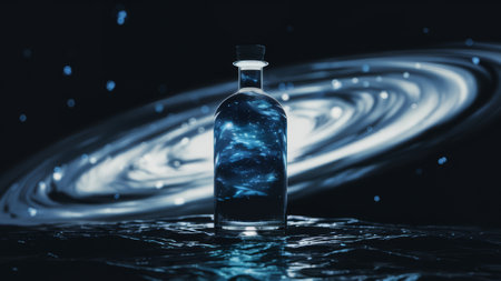 A bottle of alcohol with a swirling galaxy in the background, AIの素材