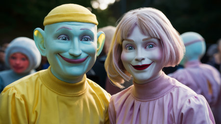 A couple of people with fake faces dressed in costumes standing next to each other, AIの素材