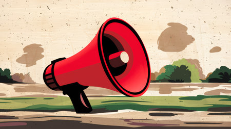 A red and white megaphone sitting on a grassy field, AIの素材