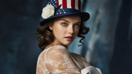 A woman in a hat with an american flag on it, AIの素材