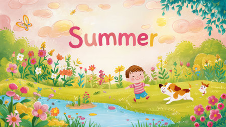 A child is playing with a dog in the grassy field, AIの素材