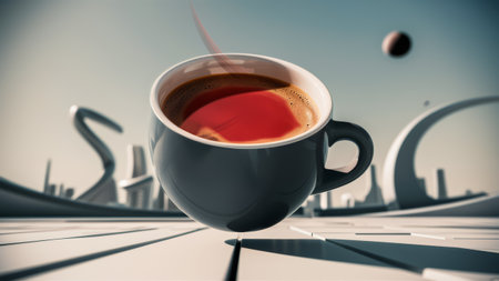 A cup of coffee is flying through the air in a futuristic setting, AIの素材