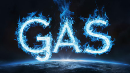 A blue text that says gas over a planet, AIの素材