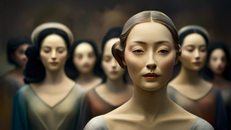 A group of women in different poses with one woman looking away, AIの素材