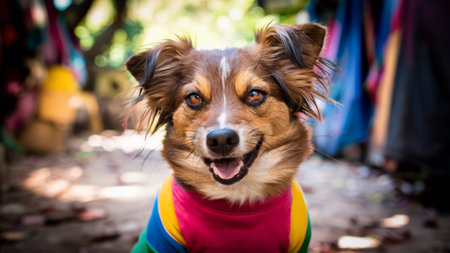 A dog wearing a colorful shirt sitting on the ground, AIの素材