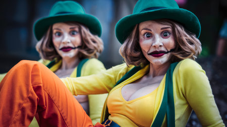 A weird women with fake faces, mustache and green hat sitting on the floor, AIの素材