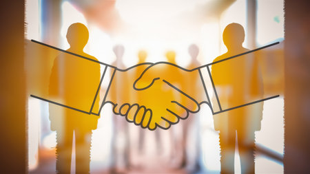 A picture of a handshake between two people in front of an office building, AIの素材
