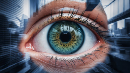 A close up of a blue eye with cityscape in background, AIの素材