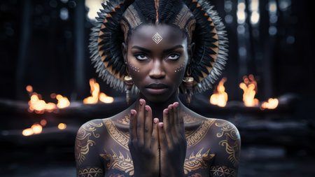 A woman with a tribal tattoo on her face and hands, AIの素材