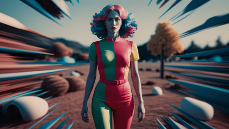 A woman in a colorful outfit standing next to some trees, AIの素材