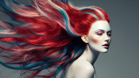 A woman with red, blue and white hair posing for a photo, AIの素材