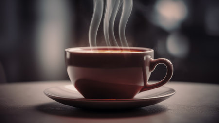 A cup of coffee with steam coming out on a saucer, AIの素材