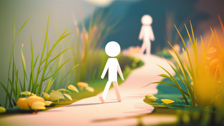A cartoon person walking down a path with grass and flowers, AIの素材