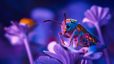 A colorful bee sitting on a purple flower with blue background, AIの素材