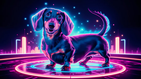 A dog is standing on a circular platform with neon lights, AIの素材