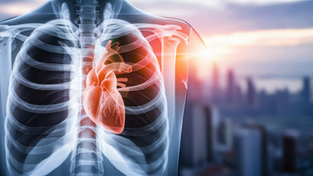 A human heart in a x-ray image with cityscape background, AIの素材