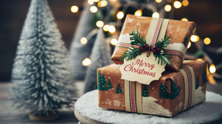 A close up of two wrapped presents sitting on a table, AIの素材