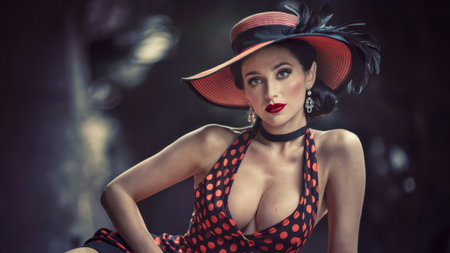 A woman in a polka dot dress and hat with red lipstick, AIの素材