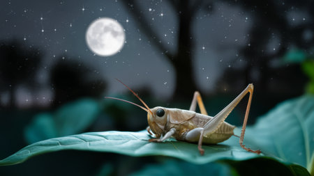 A grasshopper sitting on a leaf with the moon in the background, AIの素材