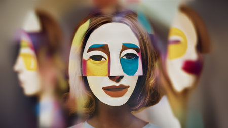 A woman with a face painted in different colors and shapes, AIの素材