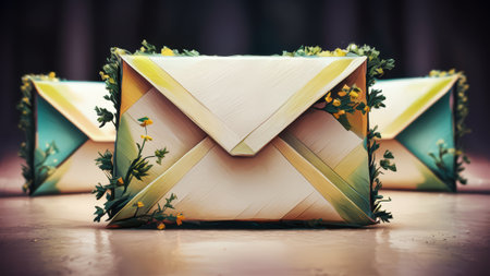A close up of a couple envelopes with green leaves on them, AIの素材