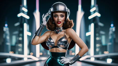 A woman in a silver outfit with her hands on the side of her head, AIの素材