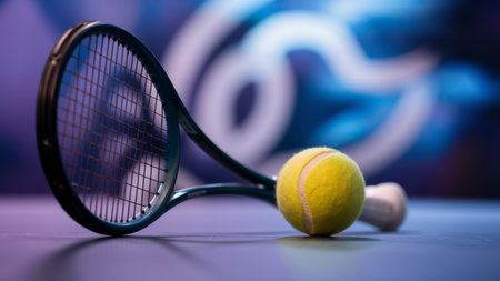 A tennis racket and a ball on the table with purple background, AIの素材