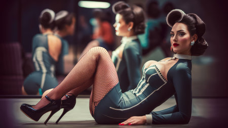 A woman in a sexy outfit laying on the floor with her legs spread, AIの素材