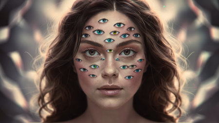 A woman with eyes painted on her face and a crown, AIの素材