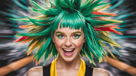 A woman with green hair and a black top smiling, AIの素材