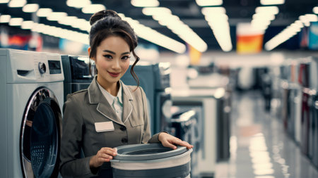 A woman in a store holding up a bucket of water, AIの素材
