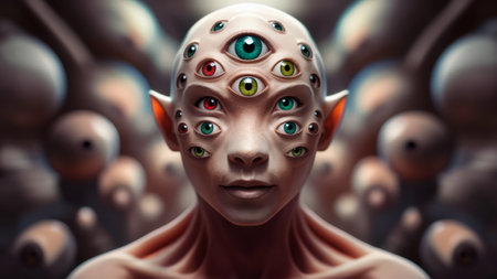 A digital image of a man with many eyes on his head, AIの素材