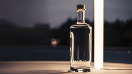 A bottle of vodka sitting on a table with light shining through it, AIの素材