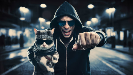 A man in a hoodie holding up his cat and pointing at something, AIの素材