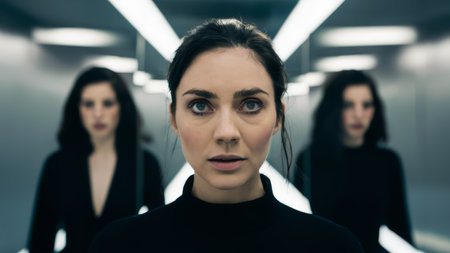 A woman with black shirt and dark hair in front of mirrors, AIの素材