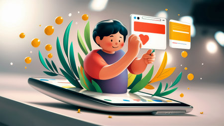A cartoon boy holding a phone with an image of him on it, AIの素材