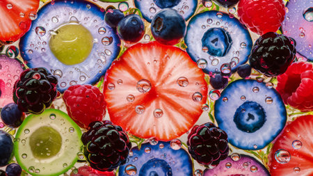A close up of a colorful fruit salad with water droplets on it, AIの素材